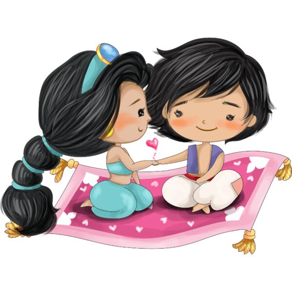 Couple Designs, Cliparts, Yellow, Sky Blue, Pink, Violet and Black, PNG Design, Jade and Alladin in the Magic Carpet, Beautiful Princess and Prince Riding a Magic Carpet, Men and Ladies Design, Digital Printing, Sublimation Printing, Spot Print, Shirt Pri Thumbnail