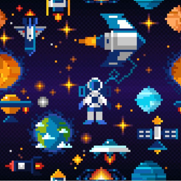 Toys  Pixelated Astronaut Spaceships   Planets  Background Designs with Frame  Kids Boy Background  KBP 8 Thumbnail